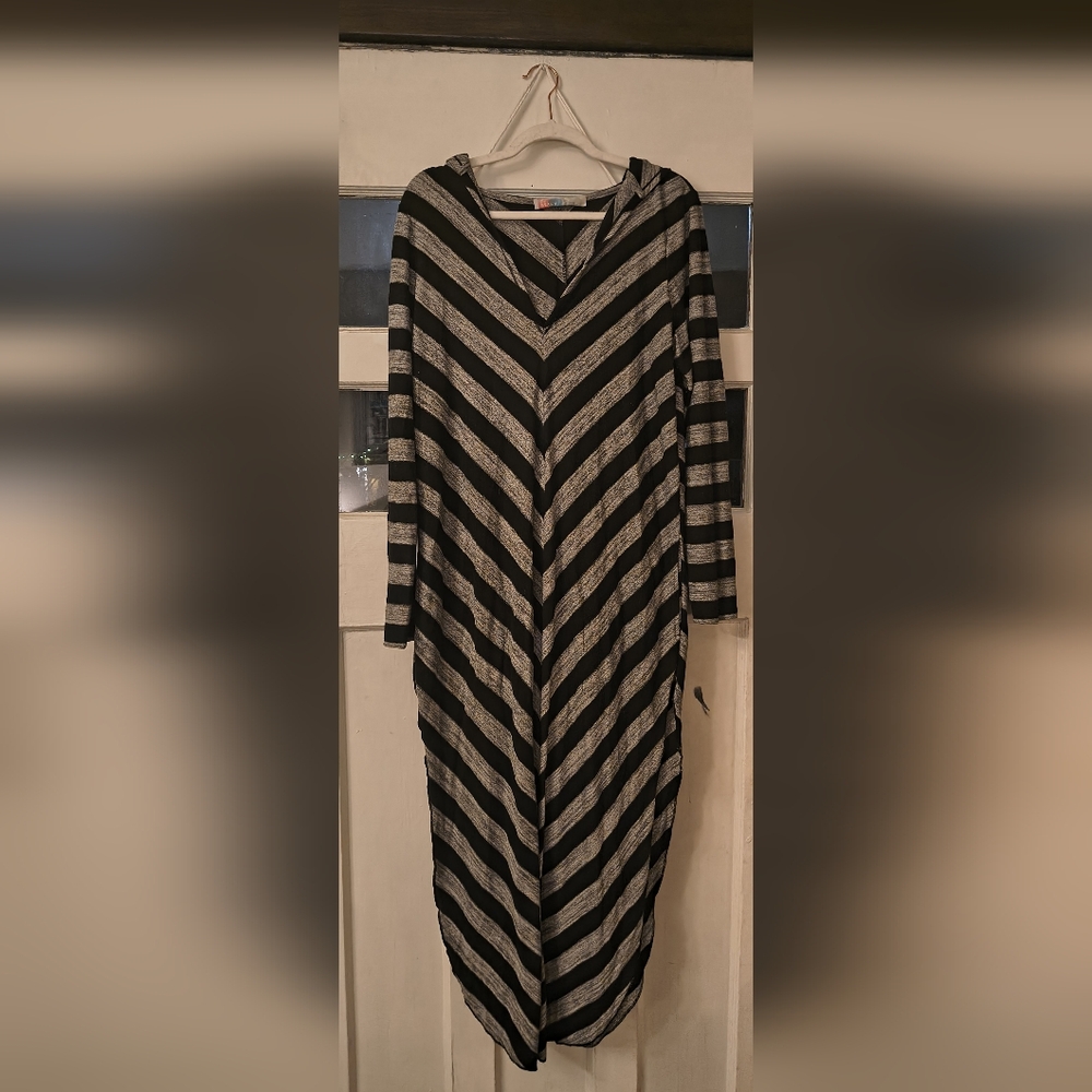 Free People Striped Black and Gray Hooded Maxi Dress Large